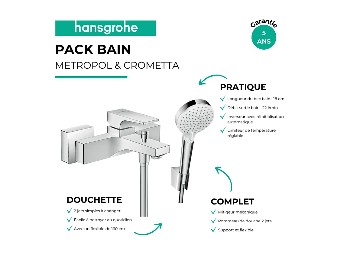 Mitigeur baignoire mécanique HANSGROHE Metropol chromé + pack pommeau de douche Crometta 2 jets + support + flexible