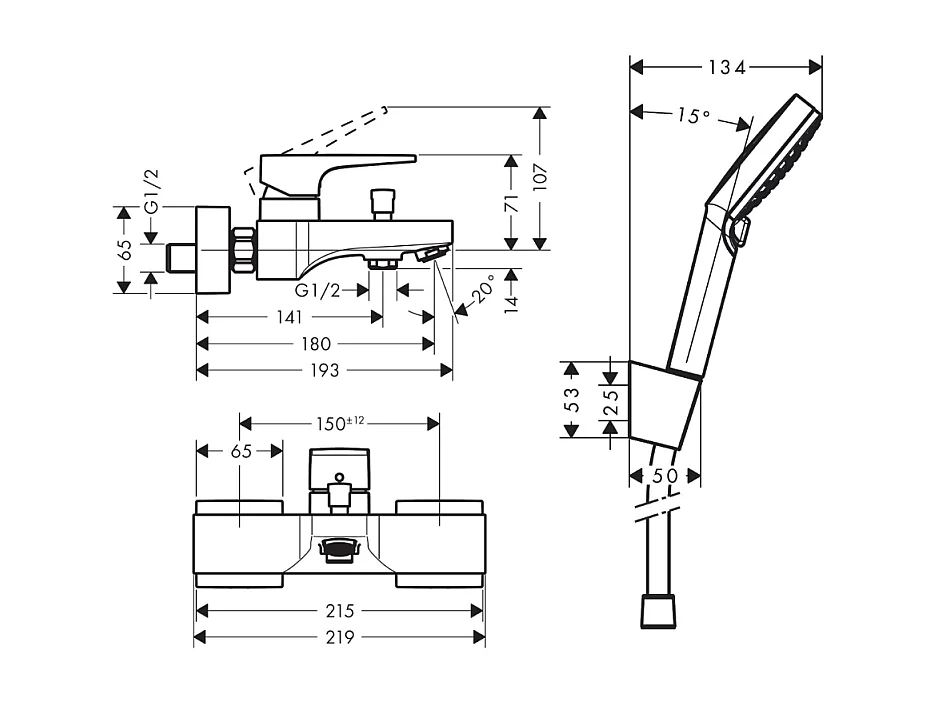 Mitigeur baignoire mécanique HANSGROHE Metropol chromé + pack pommeau de douche Crometta 2 jets + support + flexible
