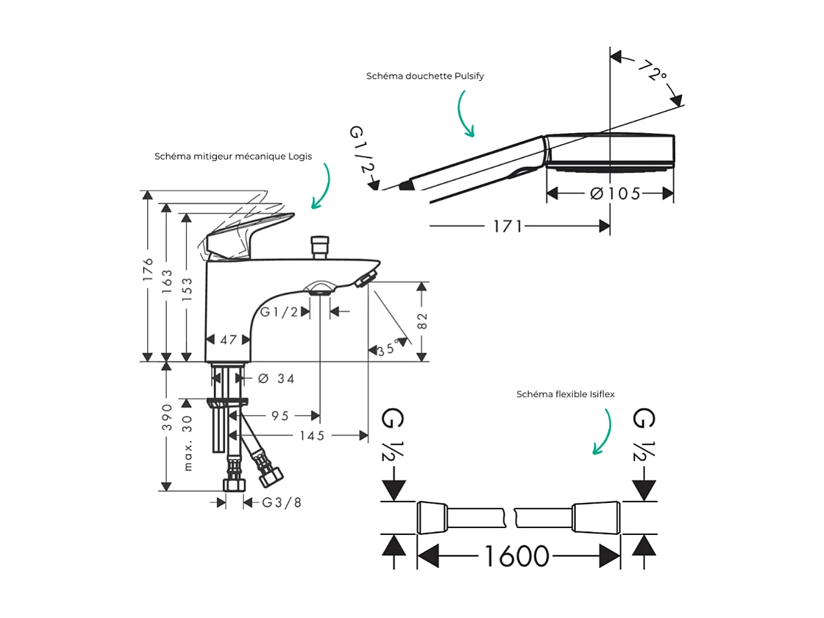 Mitigeur baignoire  mécanique HANSGROHE Logis C2  + pack pommeau Pulsify Select 3 jets EcoSmart + flexible Isiflex 160 cm noir mat