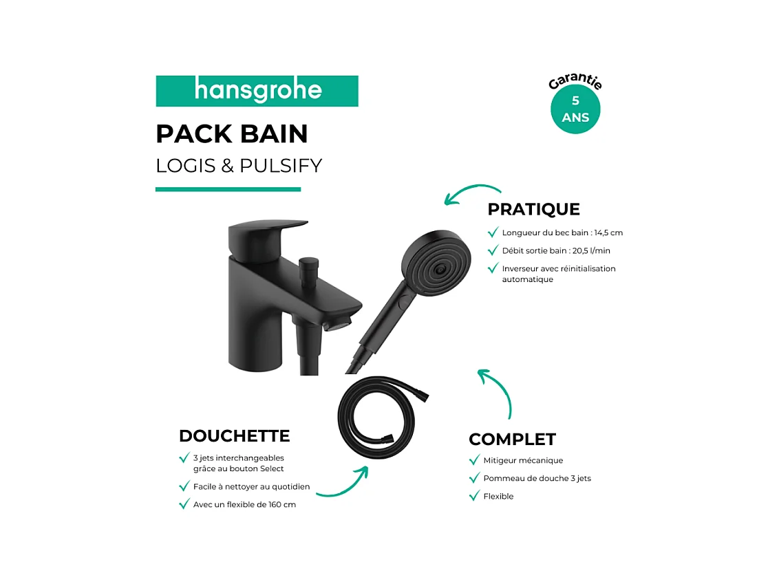 Mitigeur baignoire  mécanique HANSGROHE Logis C2  + pack pommeau Pulsify Select 3 jets EcoSmart + flexible Isiflex 160 cm noir mat
