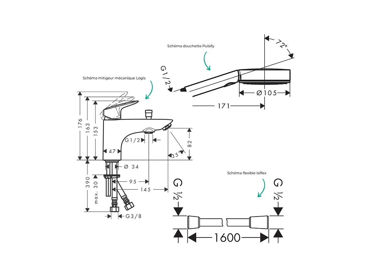 Mitigeur baignoire  mécanique HANSGROHE Logis C2  + pack pommeau Pulsify Select 3 jets EcoSmart + flexible Isiflex 160 cm noir mat
