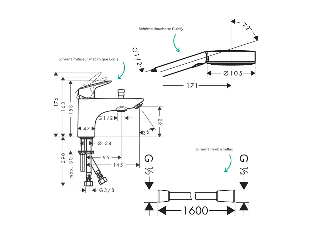 Mitigeur baignoire  mécanique HANSGROHE Logis C2  + pack pommeau Pulsify Select 3 jets EcoSmart + flexible Isiflex 160 cm noir mat