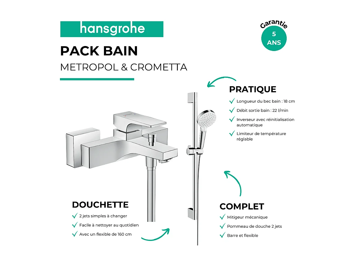 Mitigeur baignoire mécanique HANSGROHE Metropol chromé + pack pommeau de douche Crometta 2 jets + flexible + barre