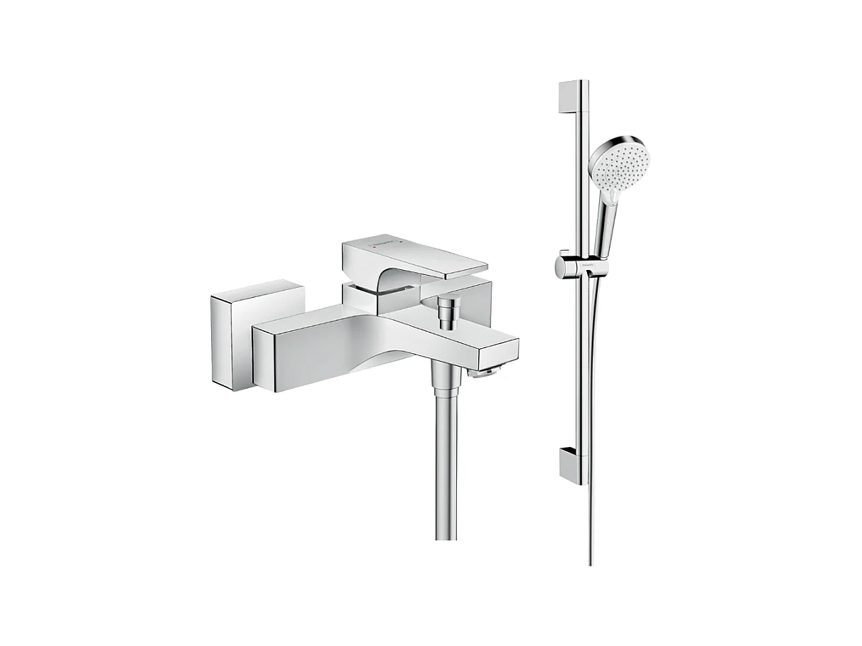 Mitigeur baignoire mécanique HANSGROHE Metropol chromé + pack pommeau de douche Crometta 2 jets + flexible + barre