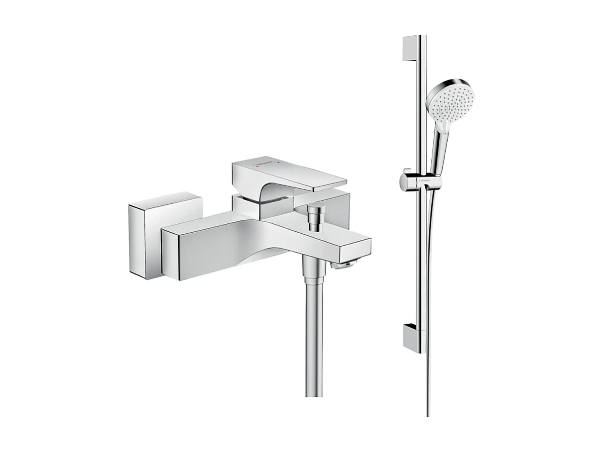 Mitigeur baignoire mécanique HANSGROHE Metropol chromé + pack pommeau de douche Crometta 2 jets + flexible + barre