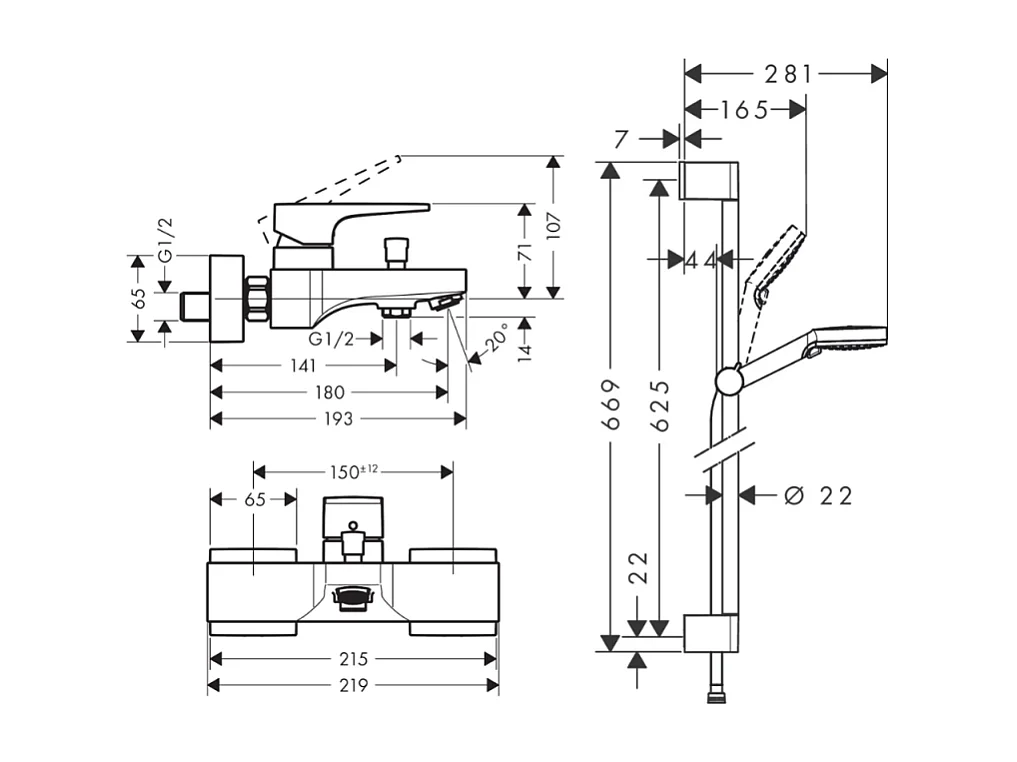 Mitigeur baignoire mécanique HANSGROHE Metropol chromé + pack pommeau de douche Crometta 2 jets + flexible + barre