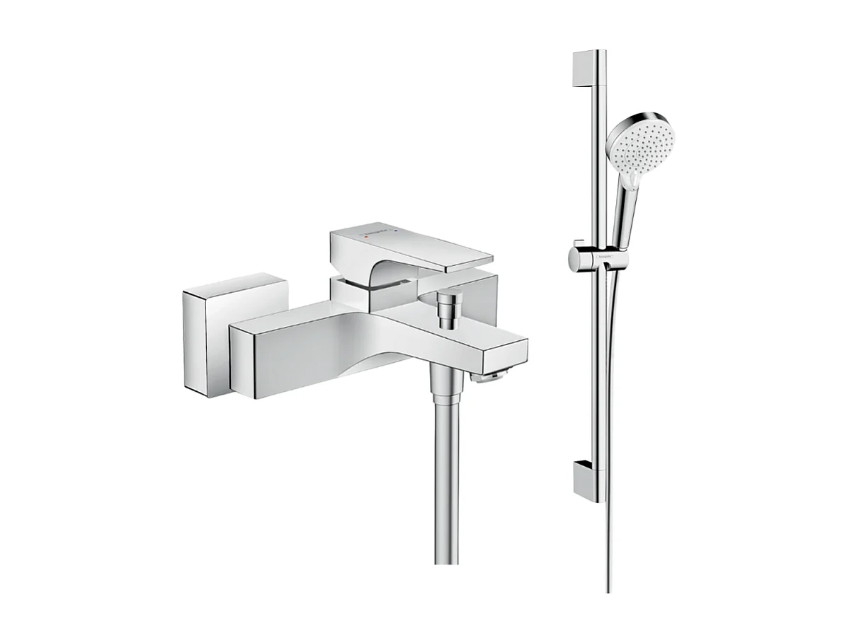 Mitigeur baignoire mécanique HANSGROHE Metropol chromé + pack pommeau de douche Crometta 2 jets + flexible + barre