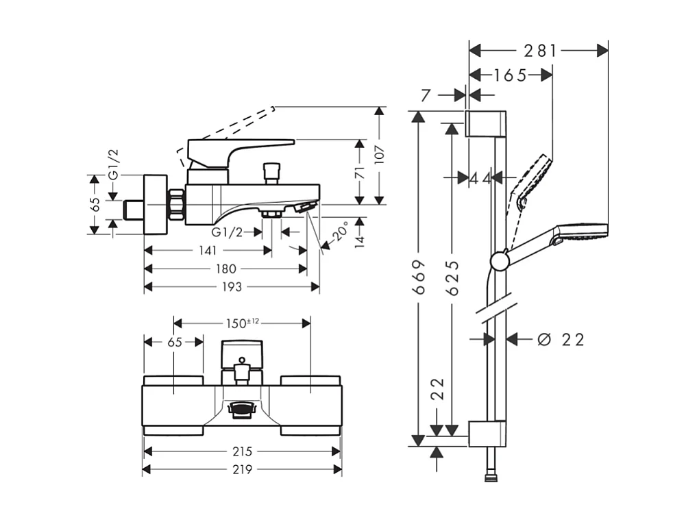 Mitigeur baignoire mécanique HANSGROHE Metropol chromé + pack pommeau de douche Crometta 2 jets + flexible + barre