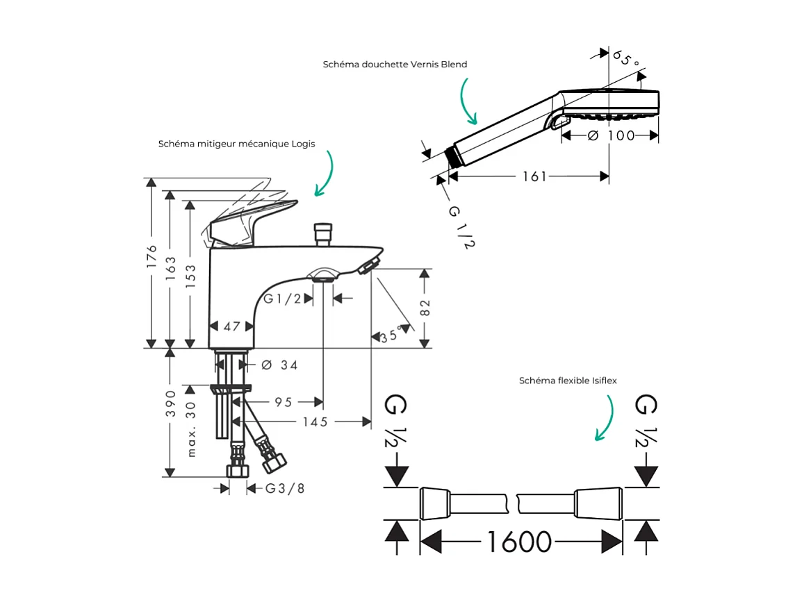 Mitigeur baignoire mécanique HANSGROHE Logis C2  + pack pommeau Vernis Blend 2 jets EcoSmart + flexible Isiflex 160 cm noir mat