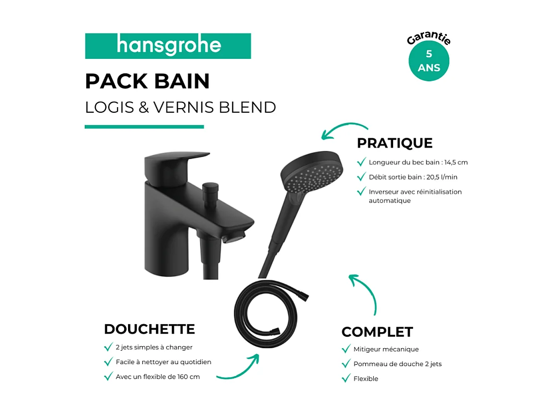 Mitigeur baignoire mécanique HANSGROHE Logis C2  + pack pommeau Vernis Blend 2 jets EcoSmart + flexible Isiflex 160 cm noir mat