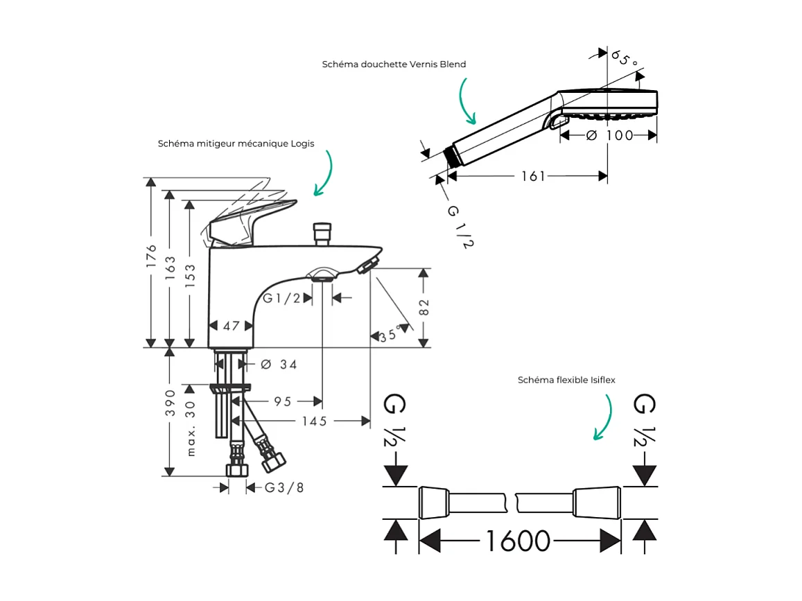 Mitigeur baignoire mécanique HANSGROHE Logis C2  + pack pommeau Vernis Blend 2 jets EcoSmart + flexible Isiflex 160 cm noir mat
