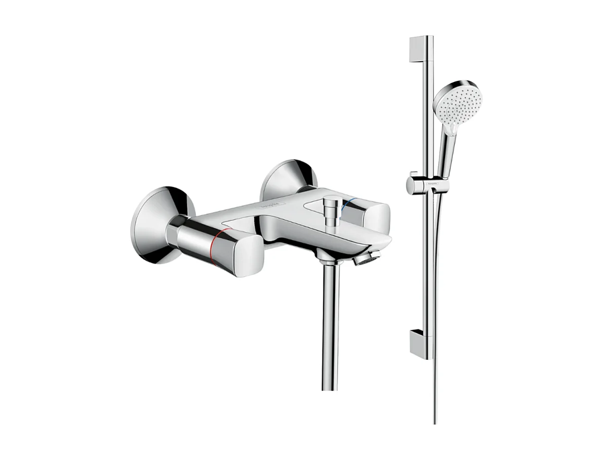 Mélangeur baignoire HANSGROHE Logis + pack pommeau de douche Crometta 2 jets + flexible + barre