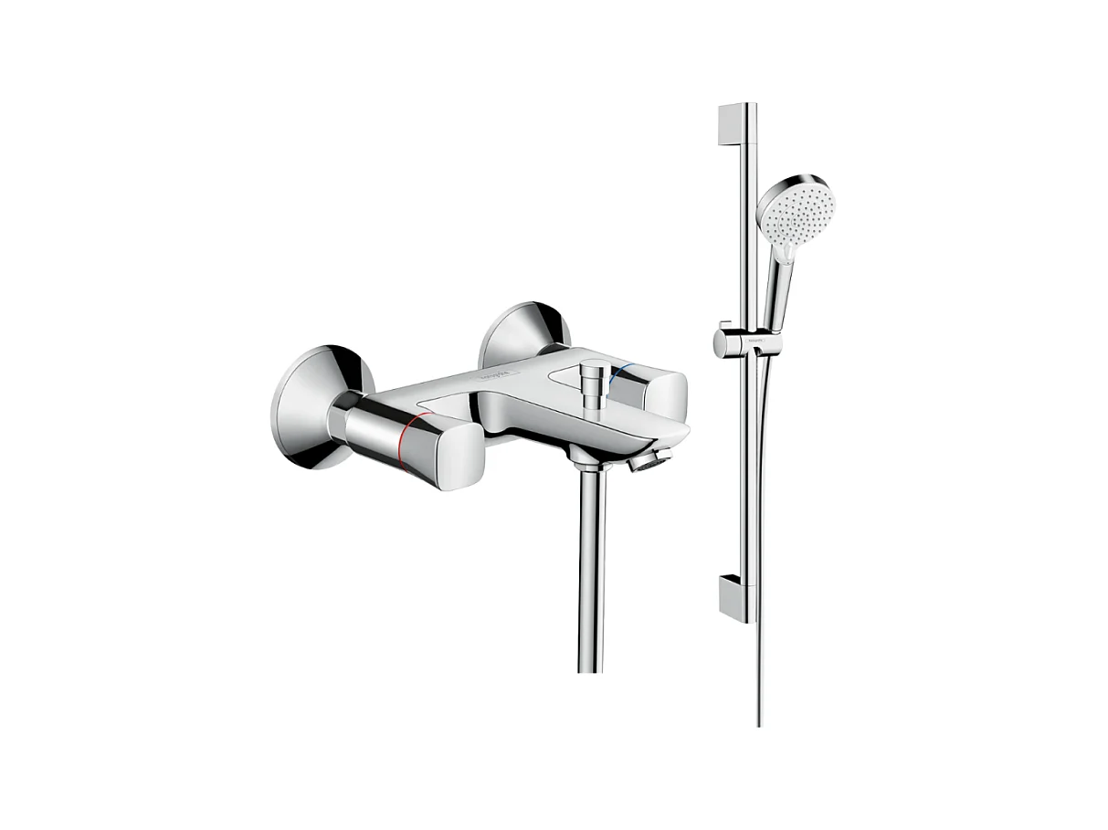 Mélangeur baignoire HANSGROHE Logis + pack pommeau de douche Crometta 2 jets + flexible + barre