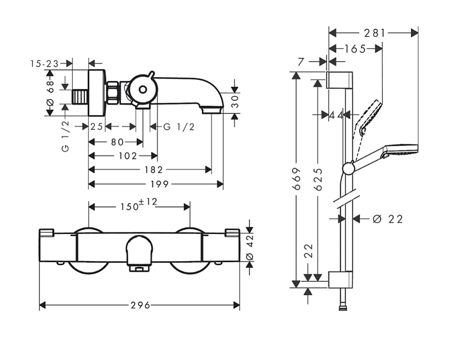 Mitigeur baignoire thermostatique HANSGROHE Ecostat 1001 CL chromé + pack pommeau de douche Crometta 2 jets + flexible + barre
