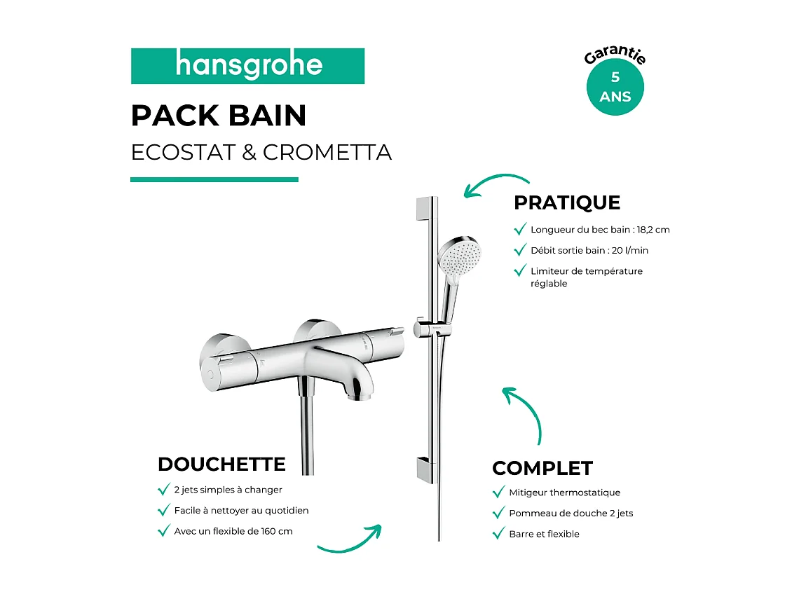 Mitigeur baignoire thermostatique HANSGROHE Ecostat 1001 CL chromé + pack pommeau de douche Crometta 2 jets + flexible + barre