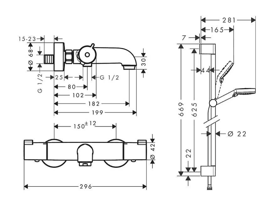 Mitigeur baignoire thermostatique HANSGROHE Ecostat 1001 CL chromé + pack pommeau de douche Crometta 2 jets + flexible + barre