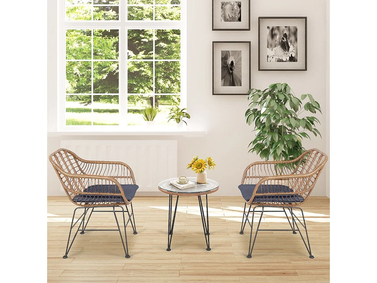 Salon de Jardin en Rotin et fibre naturelle 2 Fauteuil + 1 Table Basse (Plateau en Verre), Coussins Amovibles,Style Bali Coloris Naturel