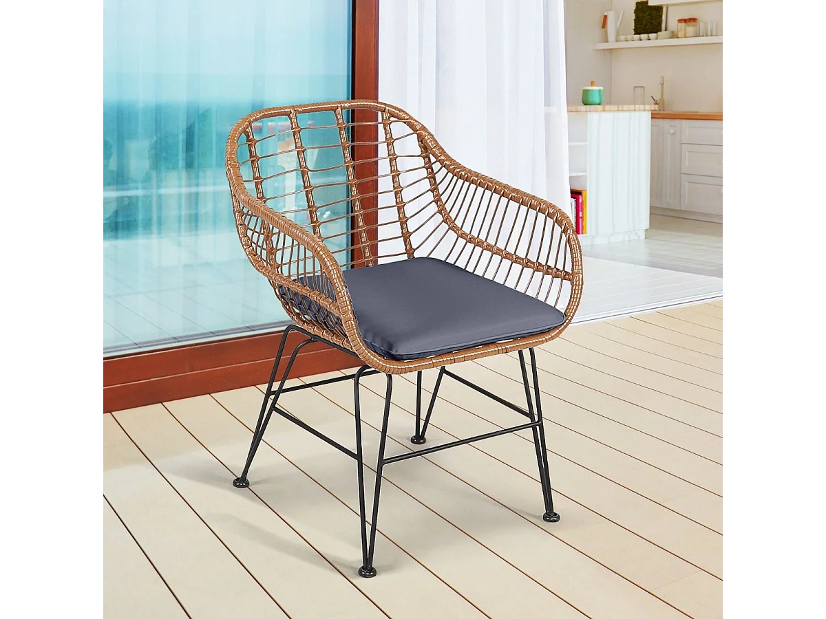 Salon de Jardin en Rotin et fibre naturelle 2 Fauteuil + 1 Table Basse (Plateau en Verre), Coussins Amovibles,Style Bali Coloris Naturel