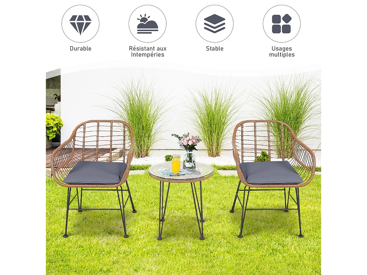 Salon de Jardin en Rotin et fibre naturelle 2 Fauteuil + 1 Table Basse (Plateau en Verre), Coussins Amovibles,Style Bali Coloris Naturel