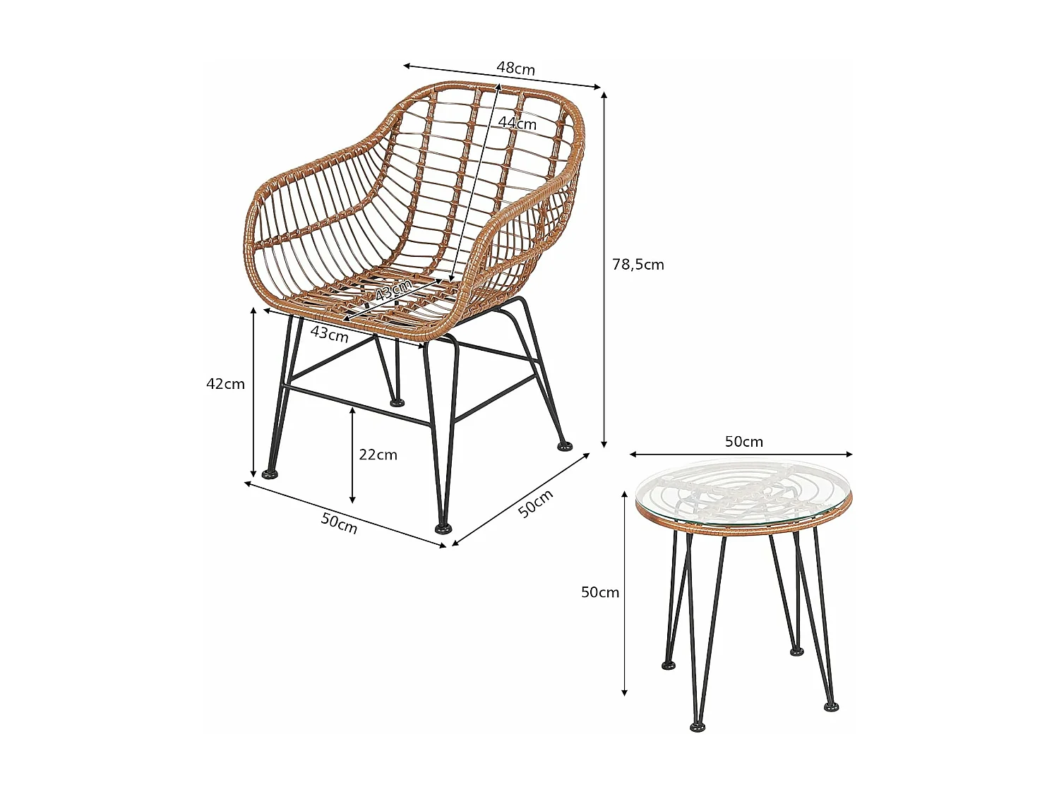Salon de Jardin en Rotin et fibre naturelle 2 Fauteuil + 1 Table Basse (Plateau en Verre), Coussins Amovibles,Style Bali Coloris Naturel