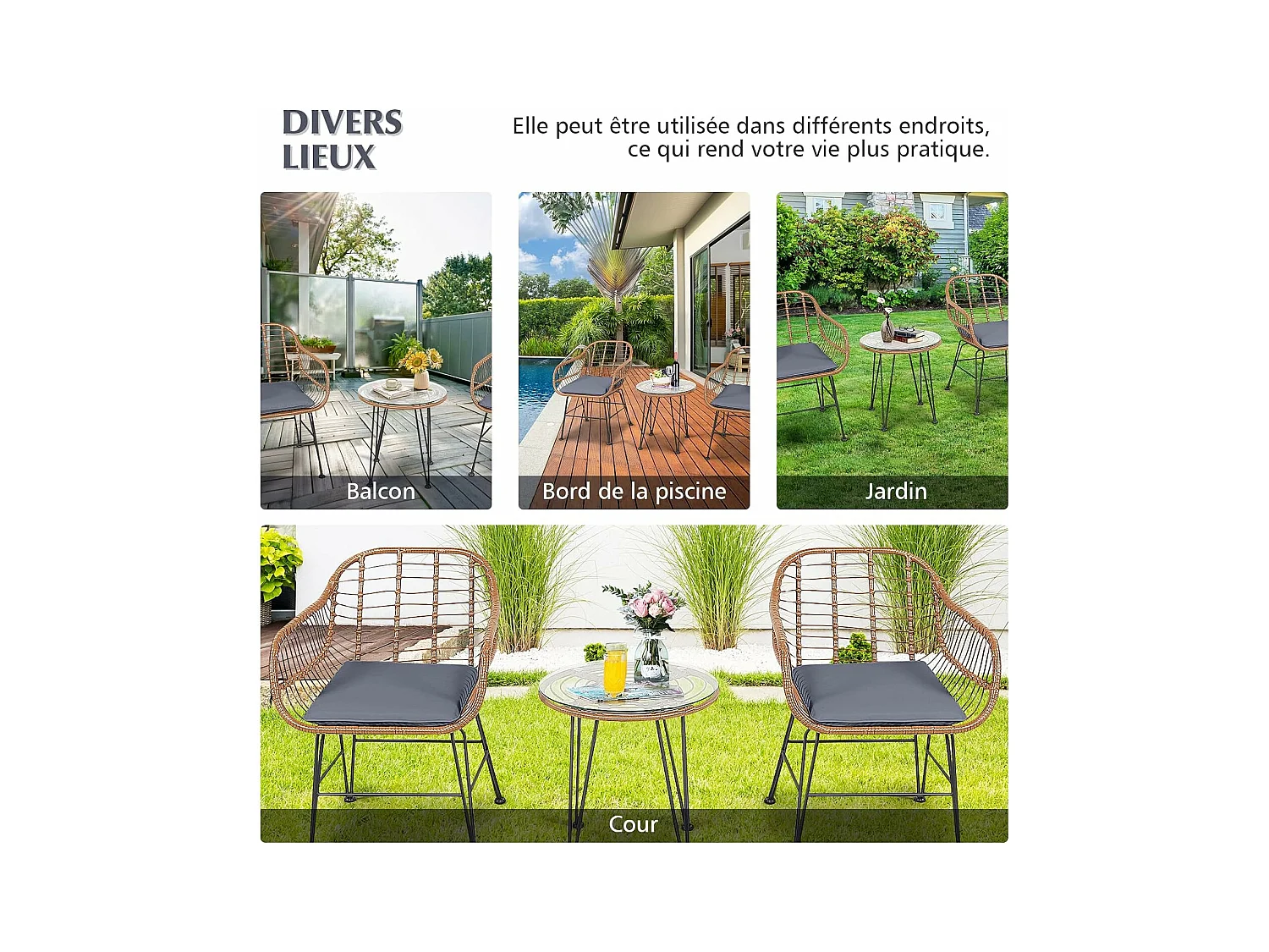 Salon de Jardin en Rotin et fibre naturelle 2 Fauteuil + 1 Table Basse (Plateau en Verre), Coussins Amovibles,Style Bali Coloris Naturel