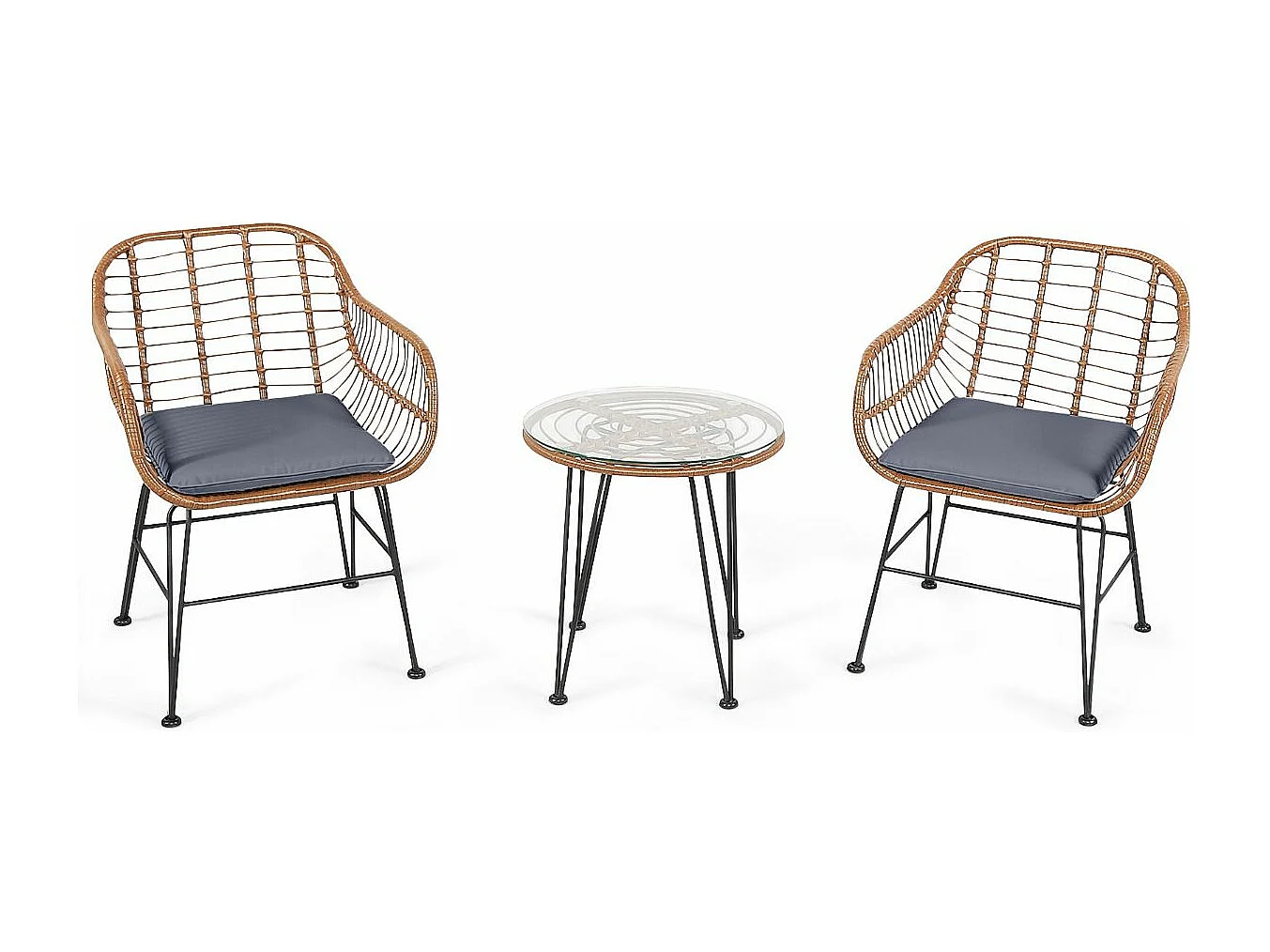 Salon de Jardin en Rotin et fibre naturelle 2 Fauteuil + 1 Table Basse (Plateau en Verre), Coussins Amovibles,Style Bali Coloris Naturel