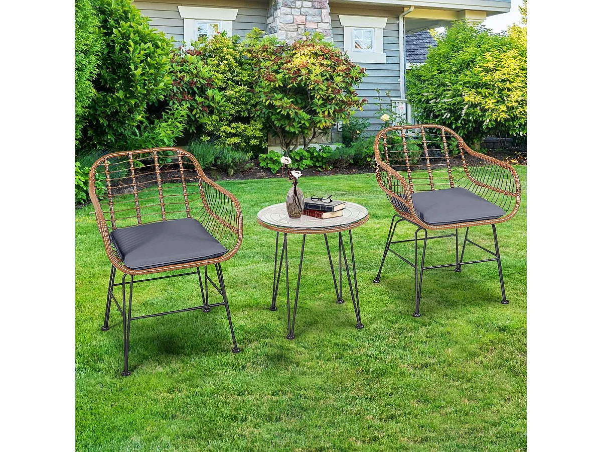 Salon de Jardin en Rotin et fibre naturelle 2 Fauteuil + 1 Table Basse (Plateau en Verre), Coussins Amovibles,Style Bali Coloris Naturel