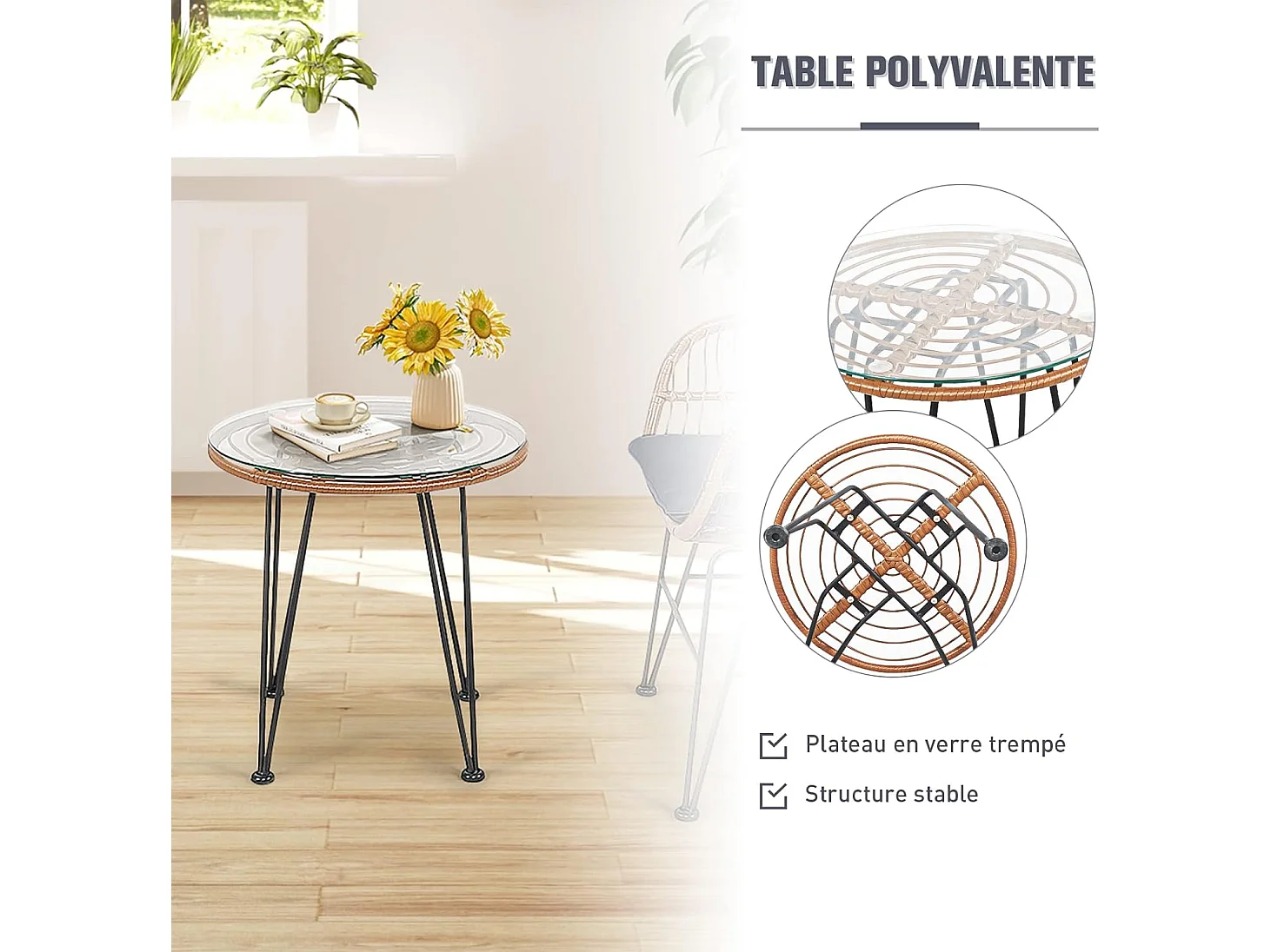 Salon de Jardin en Rotin et fibre naturelle 2 Fauteuil + 1 Table Basse (Plateau en Verre), Coussins Amovibles,Style Bali Coloris Naturel