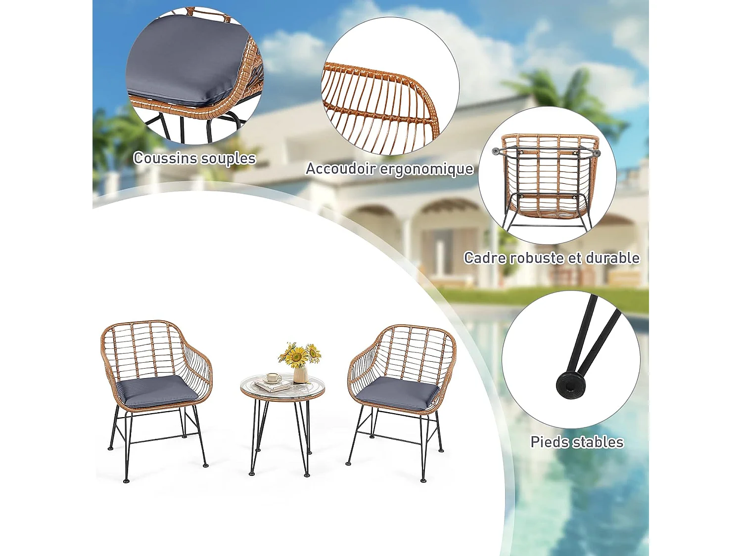 Salon de Jardin en Rotin et fibre naturelle 2 Fauteuil + 1 Table Basse (Plateau en Verre), Coussins Amovibles,Style Bali Coloris Naturel