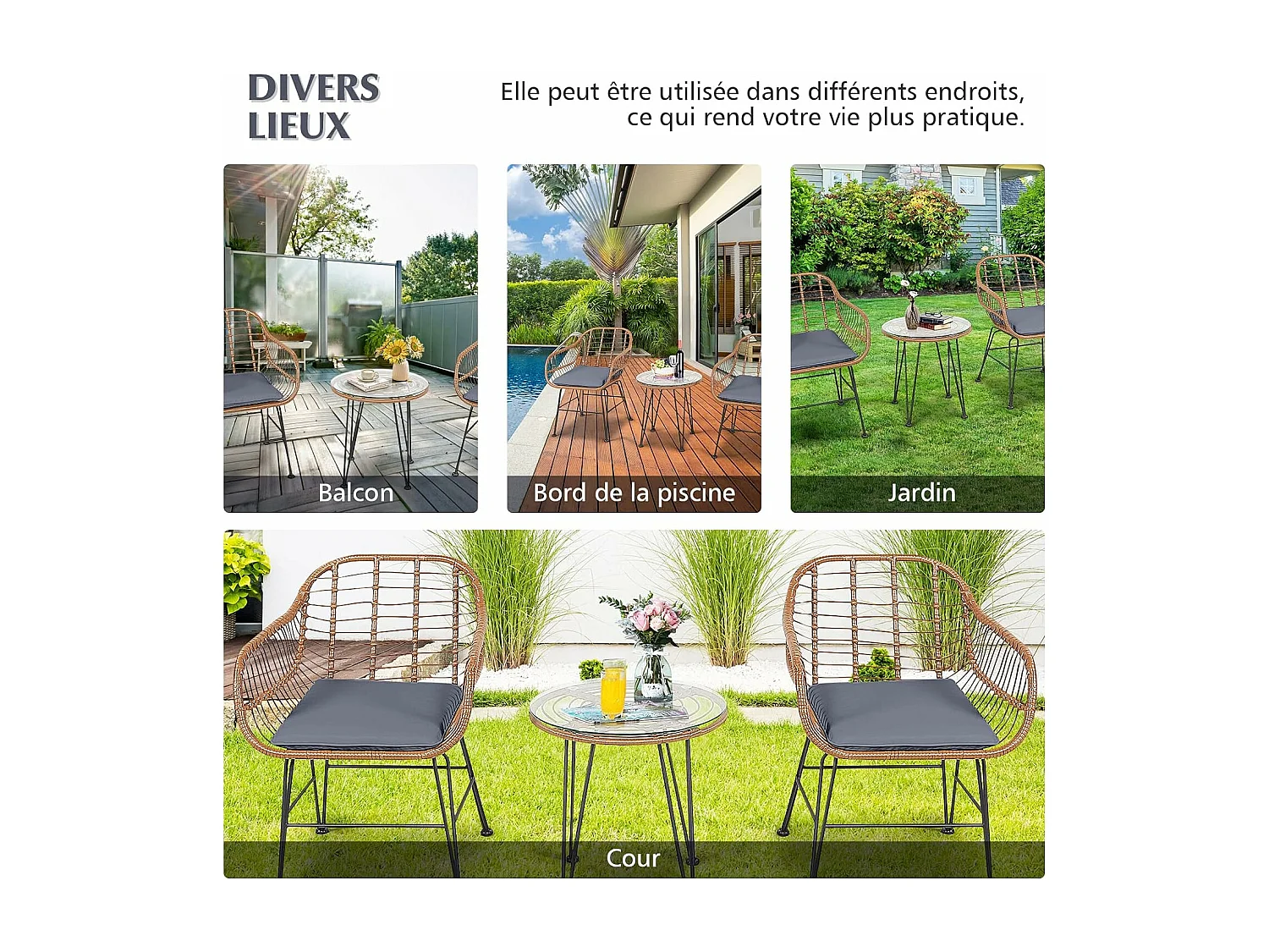 Salon de Jardin en Rotin et fibre naturelle 2 Fauteuil + 1 Table Basse (Plateau en Verre), Coussins Amovibles,Style Bali Coloris Naturel