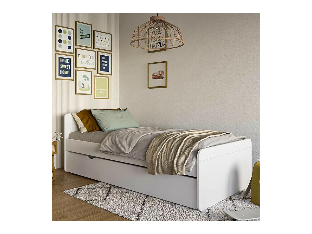 Lit gigogne 90x200 cm bois massif blanc LILOW