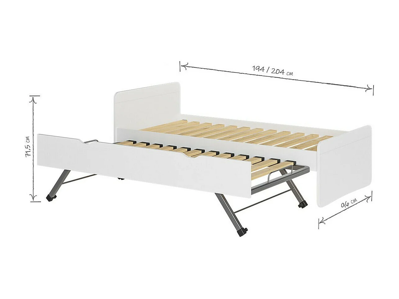 Lit gigogne 90x200 cm bois massif blanc LILOW
