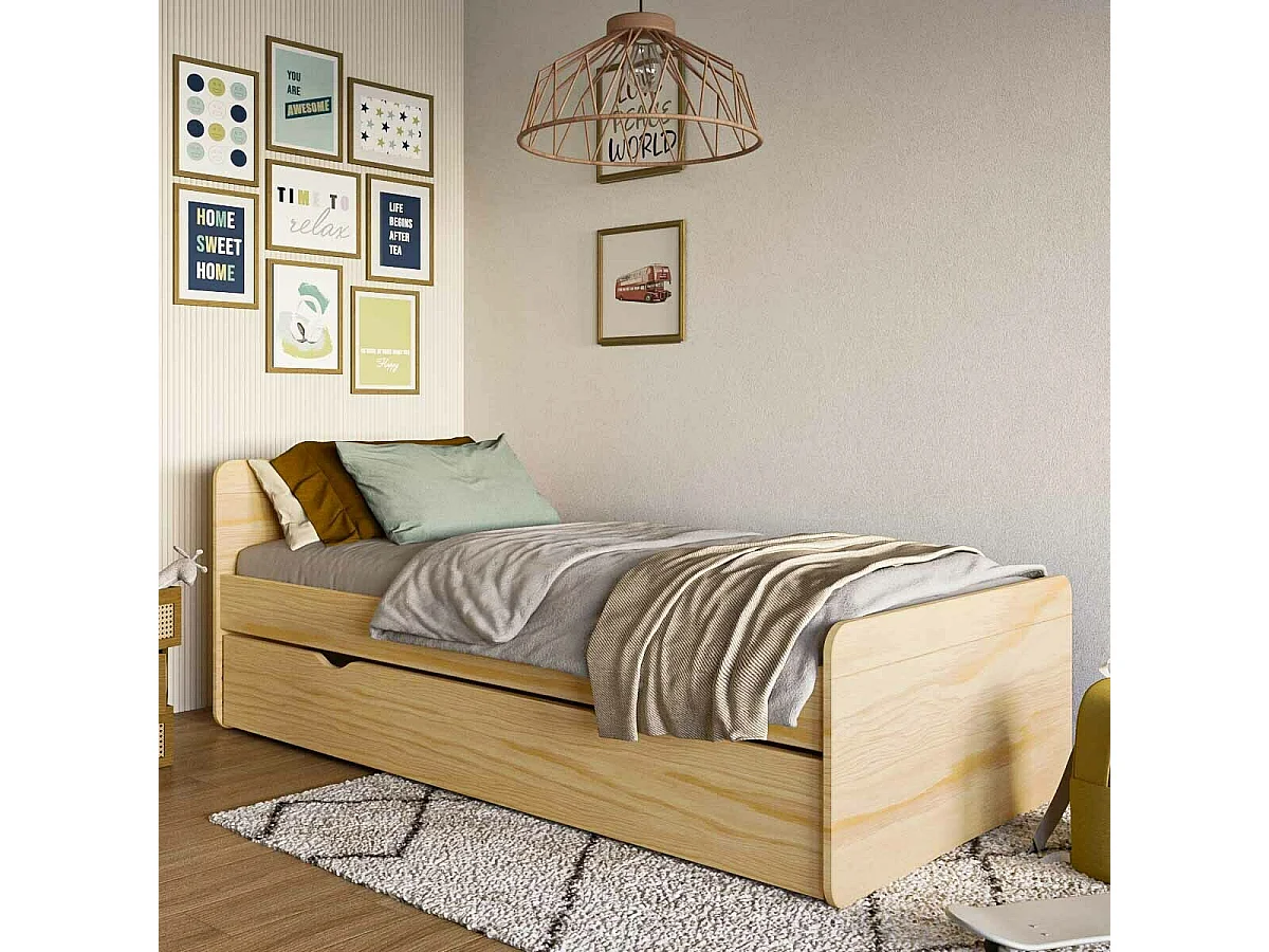 Pack lit gigogne avec matelas 90x200 cm bois massif bois LILOW