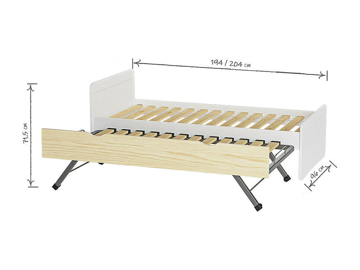 Lit gigogne 90x190 cm bois massif blanc et bois LILOW