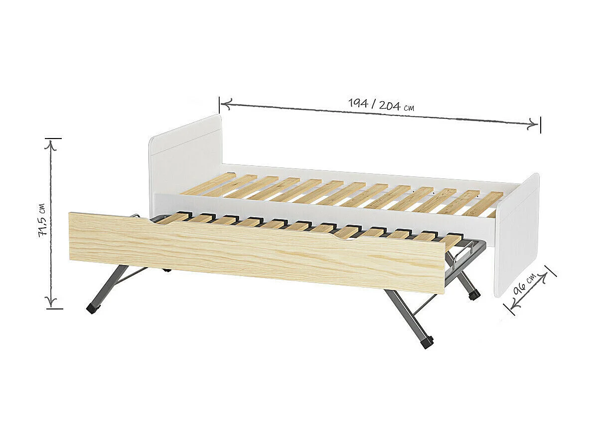 Lit gigogne 90x200 cm bois massif blanc et bois LILOW