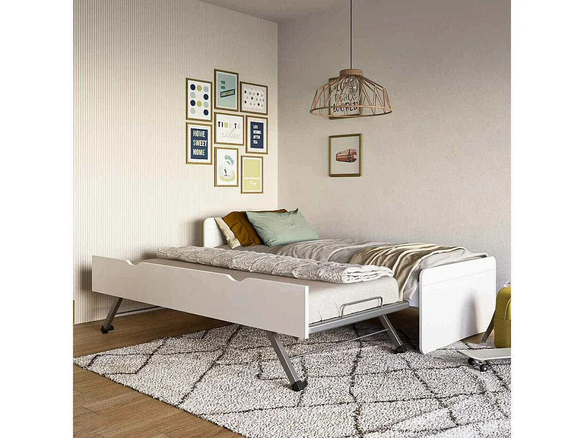 Lit gigogne 90x200 cm bois massif blanc et bois LILOW