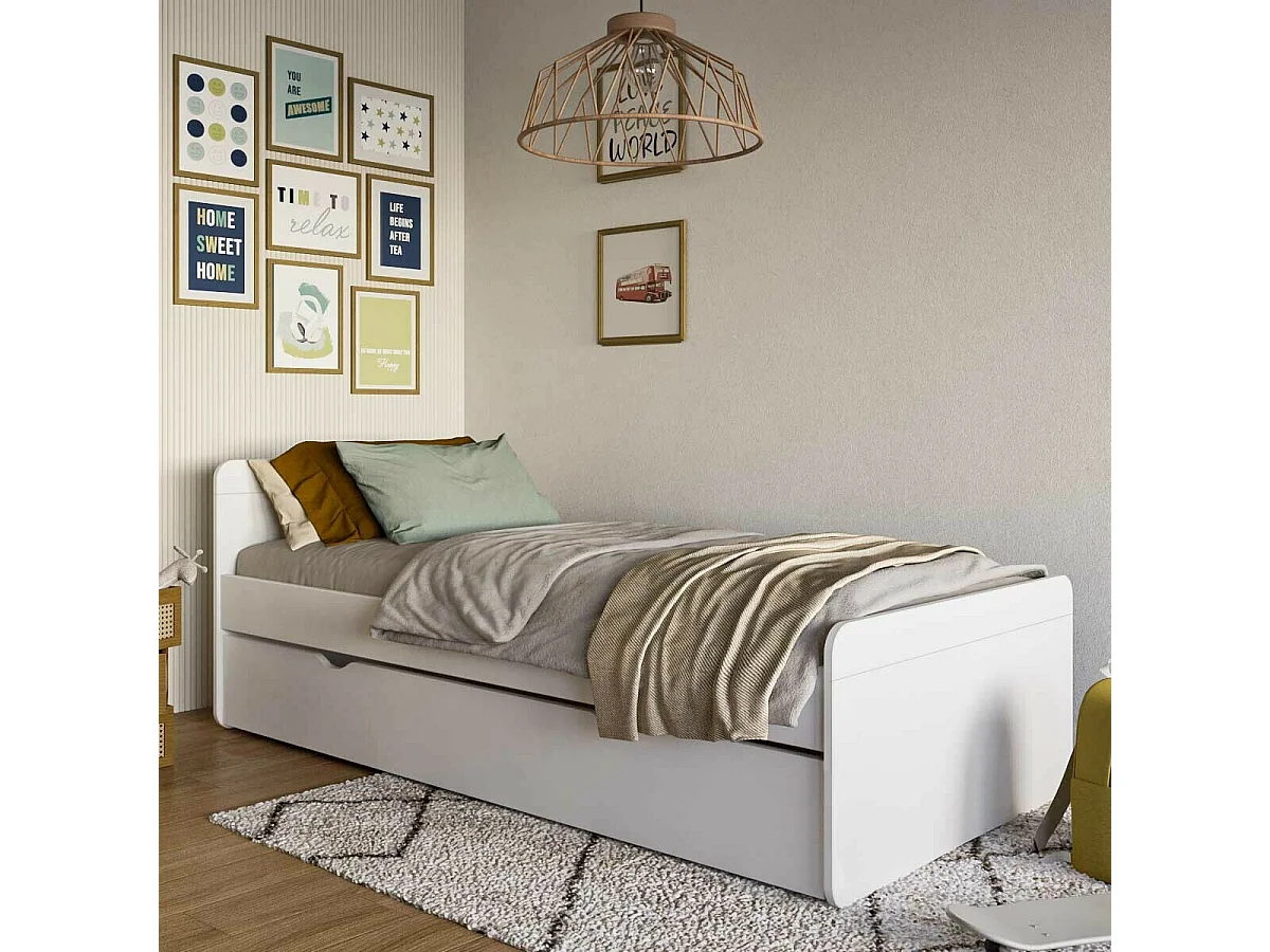 Lit gigogne 90x200 cm bois massif blanc et bois LILOW