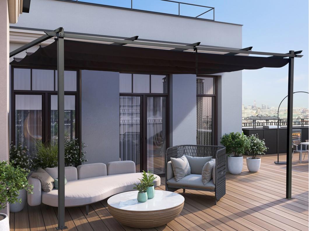 Pérgola adosada de aluminio con techo retráctil - 3 x 4 m - Gris