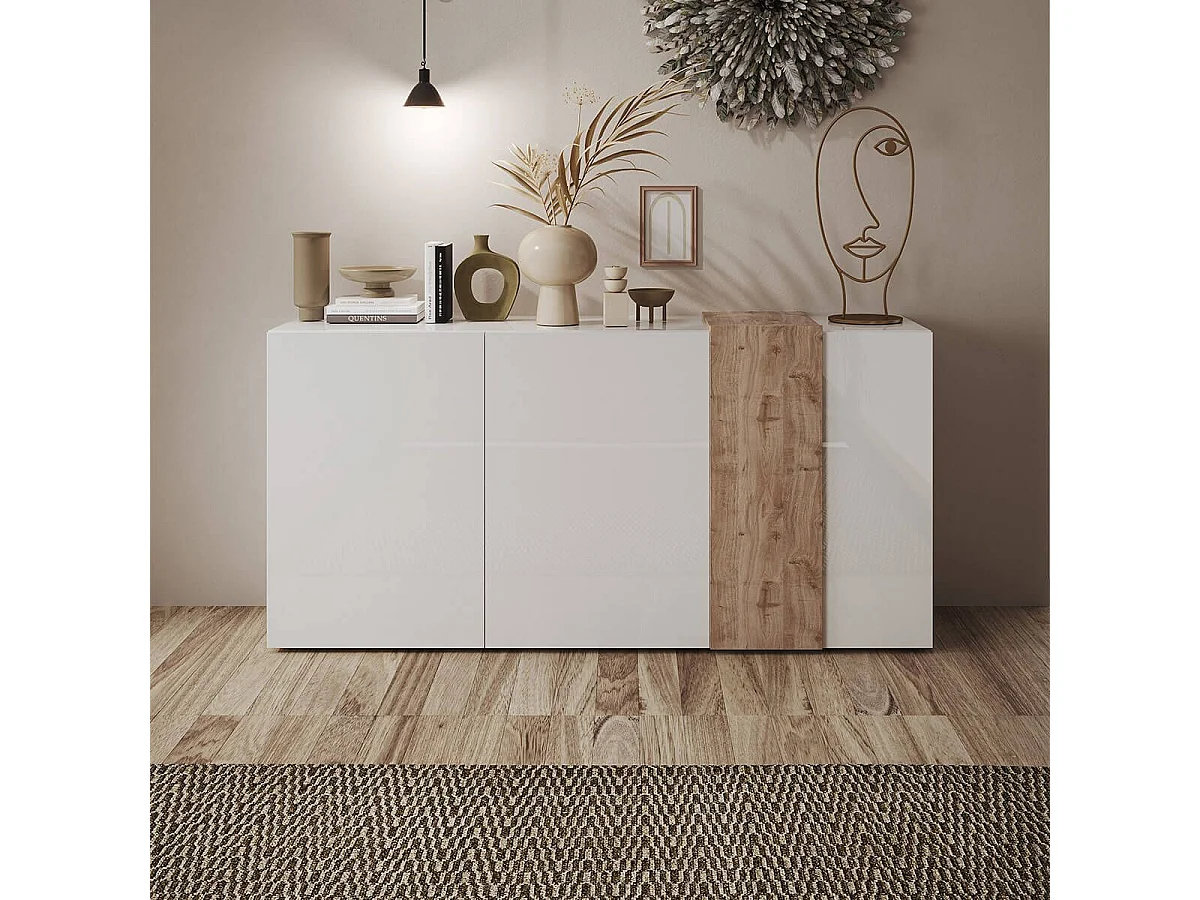 VESUVIO BLANC - Buffet 3 Portes Laqué Blanc et Aspect Bois Finition Cadiz