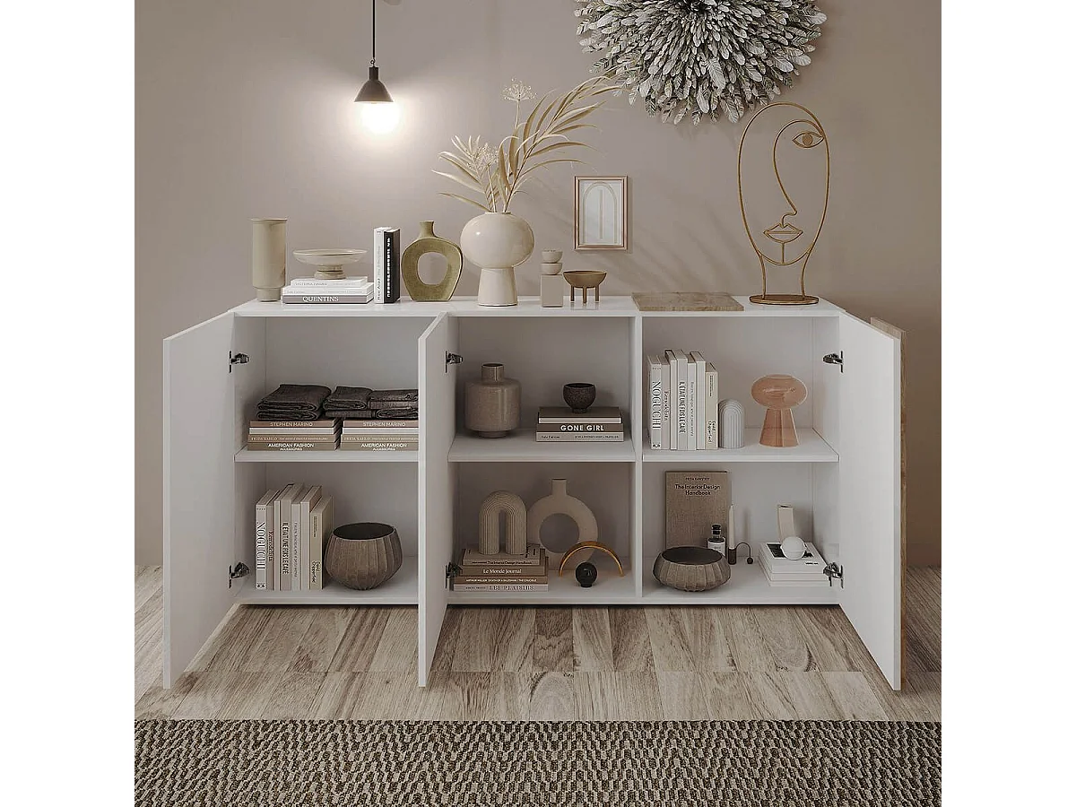 VESUVIO BLANC - Buffet 3 Portes Laqué Blanc et Aspect Bois Finition Cadiz