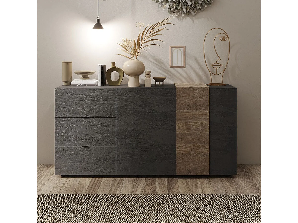 VESUVIO TITANE - Buffet 2 Portes 3 Tiroirs Gris Anthracite et Aspect Bois Finition Mercure