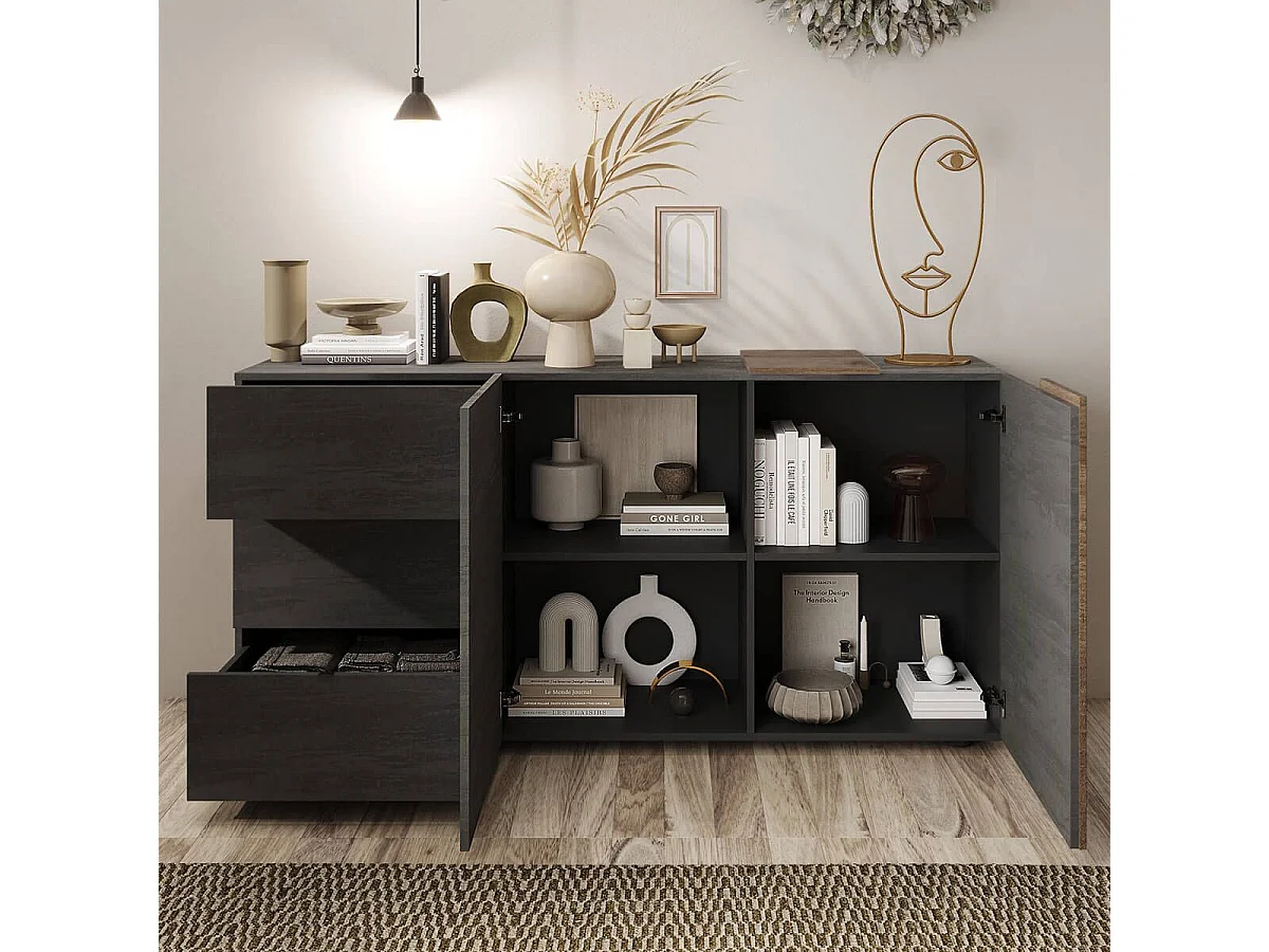 VESUVIO TITANE - Buffet 2 Portes 3 Tiroirs Gris Anthracite et Aspect Bois Finition Mercure