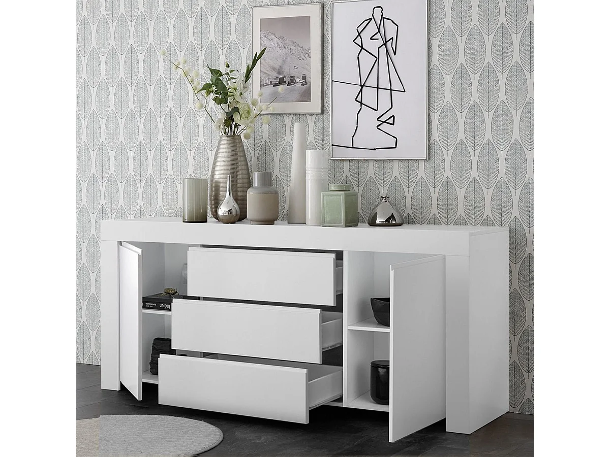 FIRMIN - Buffet 2 portes 3 Tiroirs Blanc Finition Mat