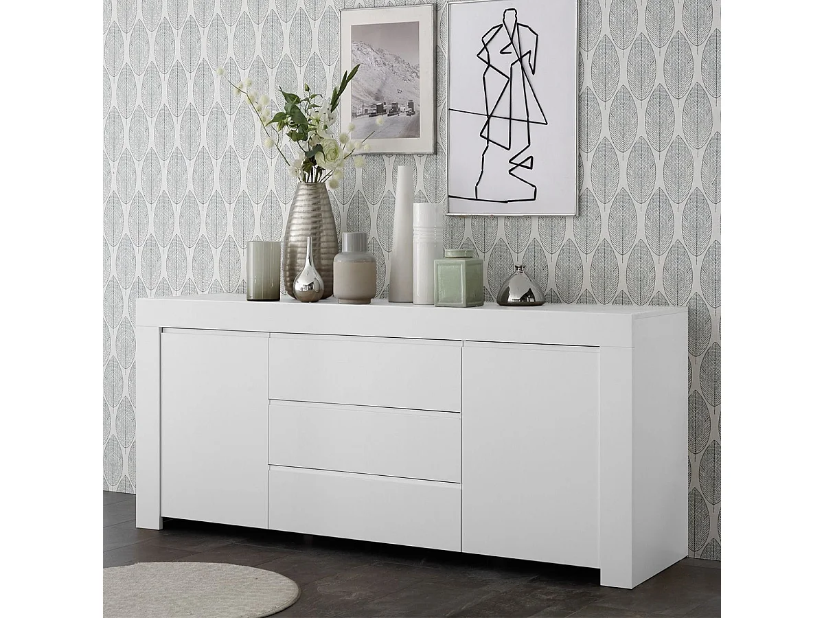 FIRMIN - Buffet 2 portes 3 Tiroirs Blanc Finition Mat