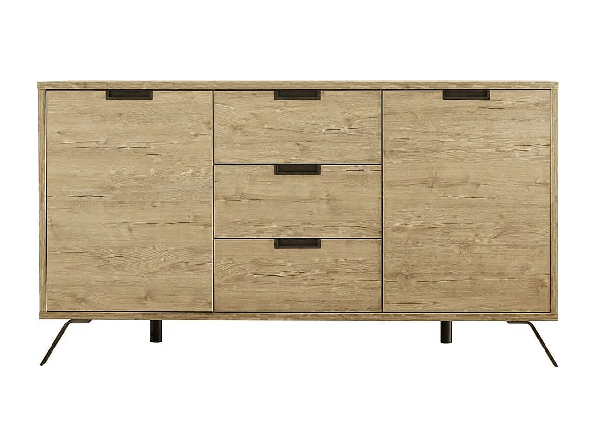 PALAMO - Buffet 2 Portes 3 Tiroirs Aspect Bois Pieds Métal Gris Foncé