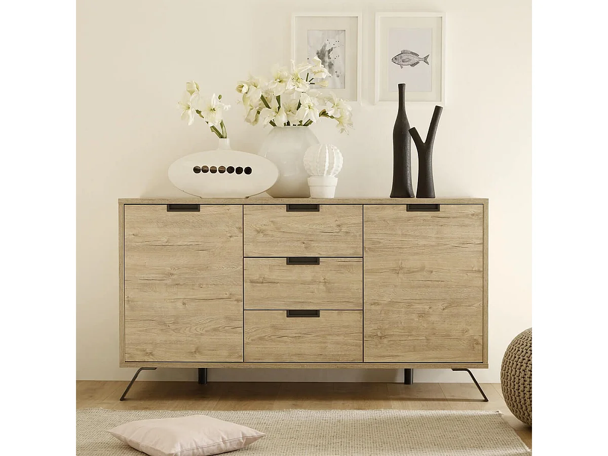 PALAMO - Buffet 2 Portes 3 Tiroirs Aspect Bois Pieds Métal Gris Foncé