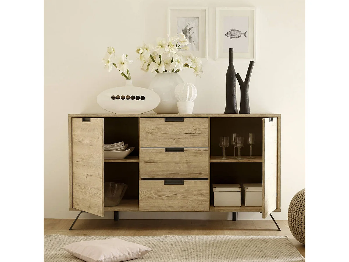 PALAMO - Buffet 2 Portes 3 Tiroirs Aspect Bois Pieds Métal Gris Foncé