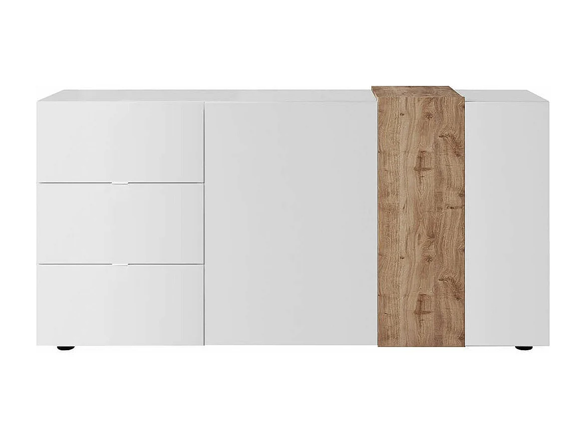 VESUVIO BLANC - Buffet 2 Portes 3 Tiroirs Laqué Blanc et Aspect Bois Finition Cadiz