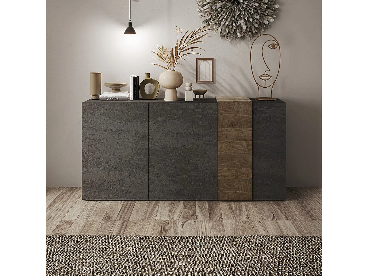 VESUVIO TITANE - Buffet 3 Portes Gris Anthracite et Aspect Bois Finition Mercure