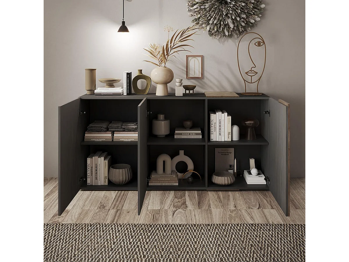 VESUVIO TITANE - Buffet 3 Portes Gris Anthracite et Aspect Bois Finition Mercure